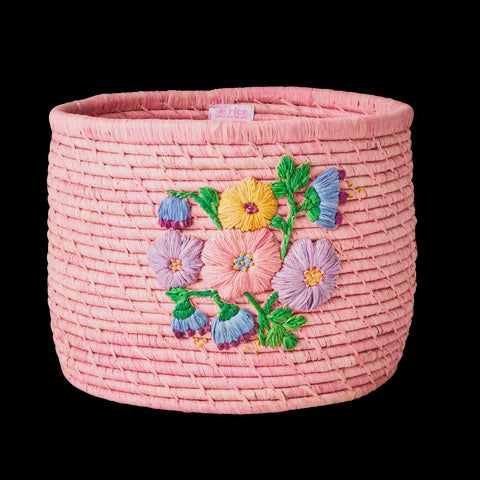 Raffia Round Basket with Flowers Pink