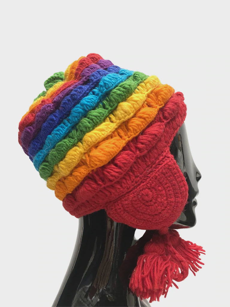 Wool Beanie w Earflaps Rainbow