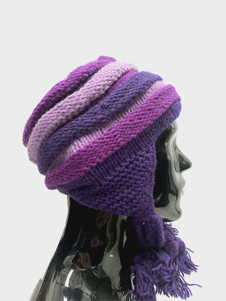 Wool Beanie w Earflaps Purple Stripe
