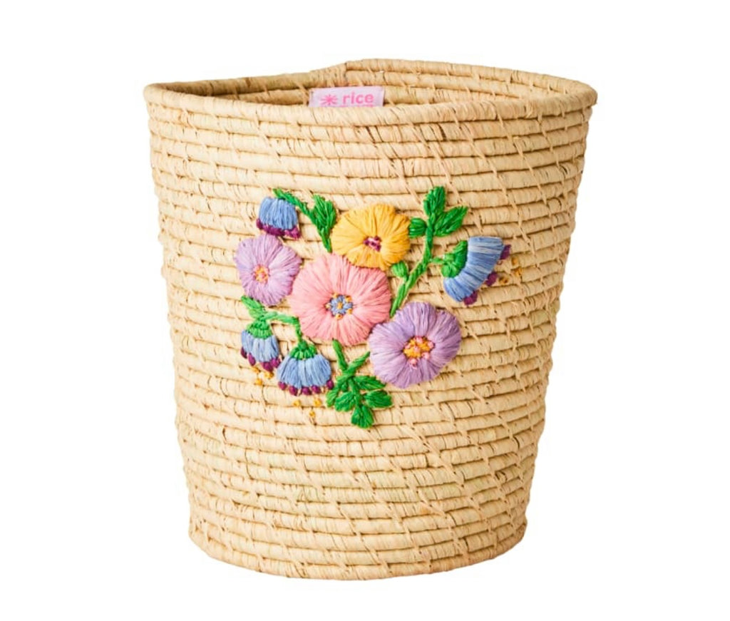 Raffia Round Basket with Flowers Natural Medium